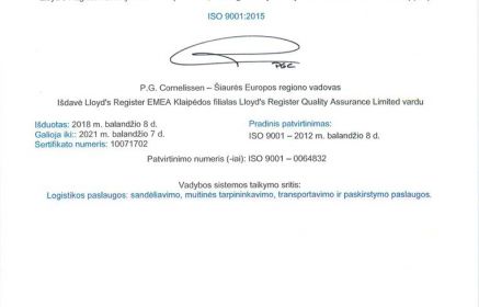 Iš naujo sertifikuota kokybės vadybos sistema pagal LST EN ISO9001:2015 standarto reikalavimus. Sertifikuotos visos bendrovės veiklos sritys.